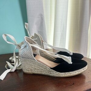 Giamo Espadrilles Anthropology Ankle Tie Cap Toe Black Sandal Spain Womens 9/40